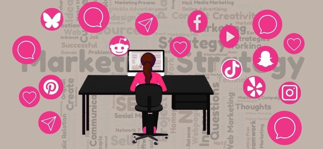 A graphic of a woman sitting at a desk with social icons floating around her