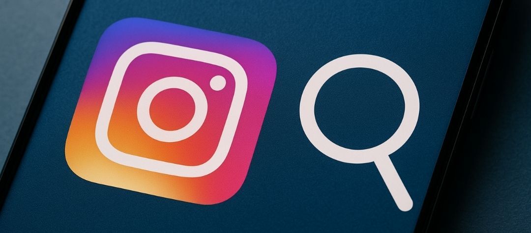 Instagram Logo against a dark blue background with a magnifying "search" glass